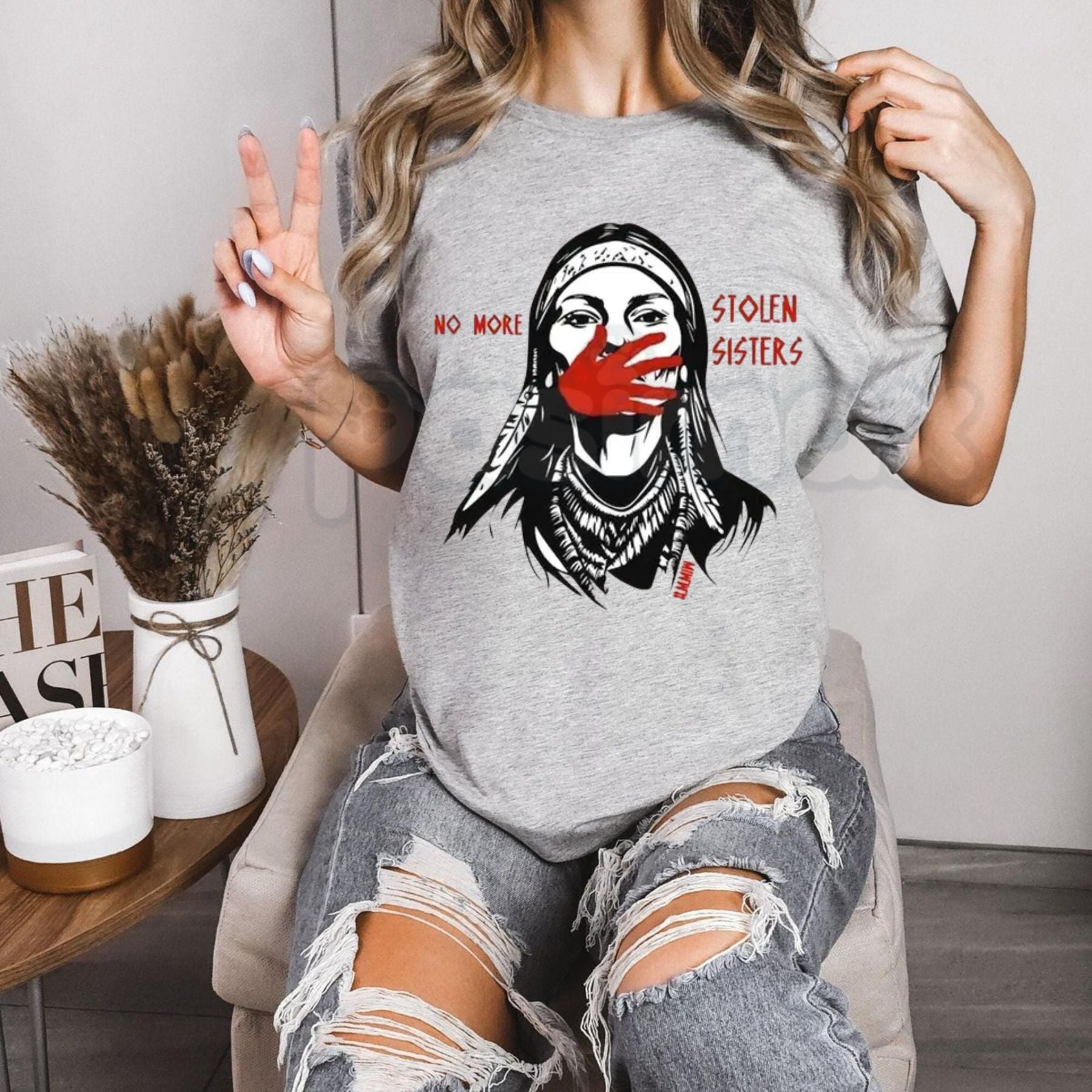 "No More Stolen Sisters" MMIW T-Shirt – Indigenous Red Hand Native American Graphic Tee, Premium 100% Cotton Justice for Indigenous Women Top, Soft Lived-In Heavyweight Wear Red Advocacy Shirt, Made in USA