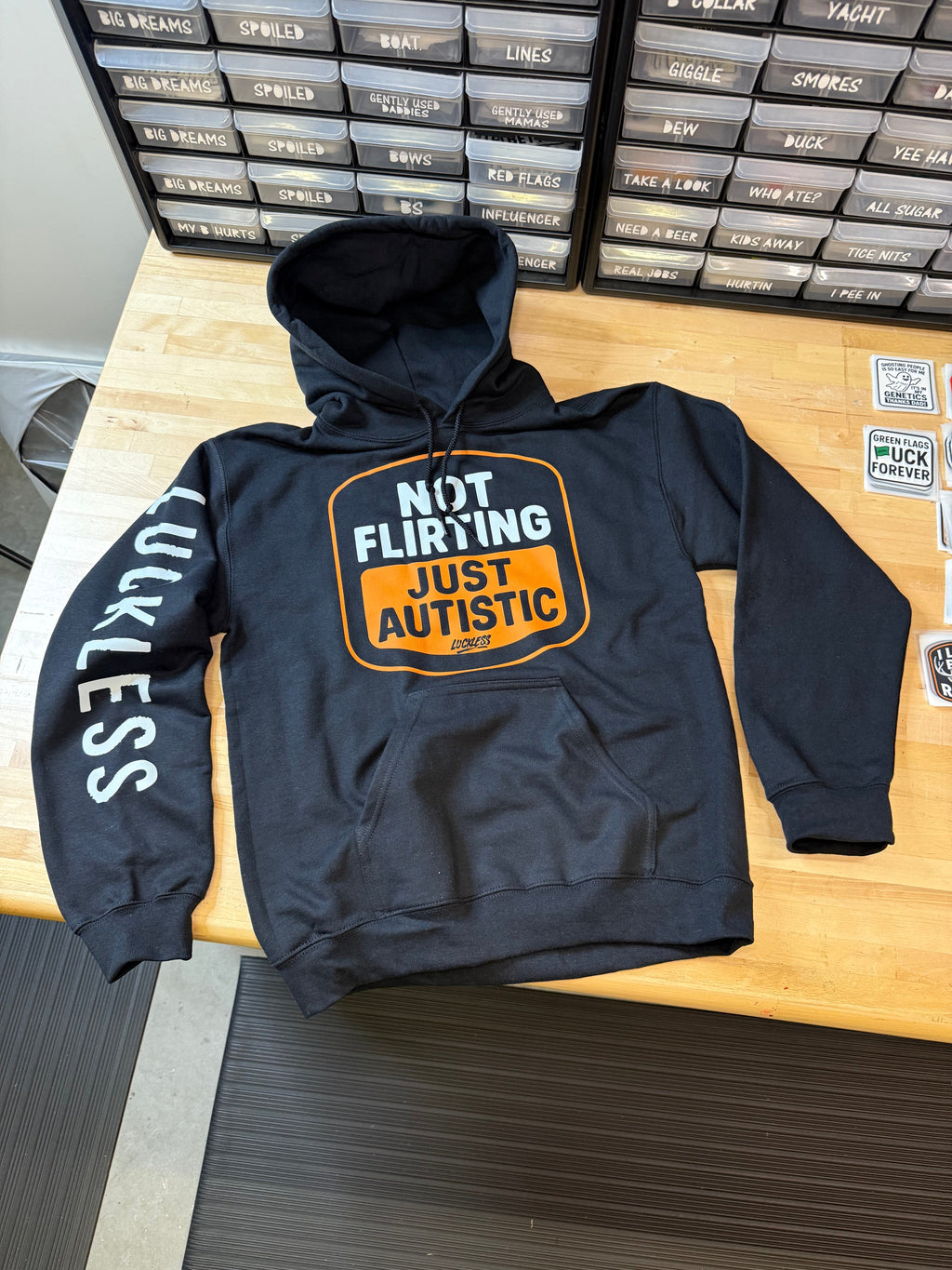 Luckless Outfitters Not Flirting Hoodie — comparison shot