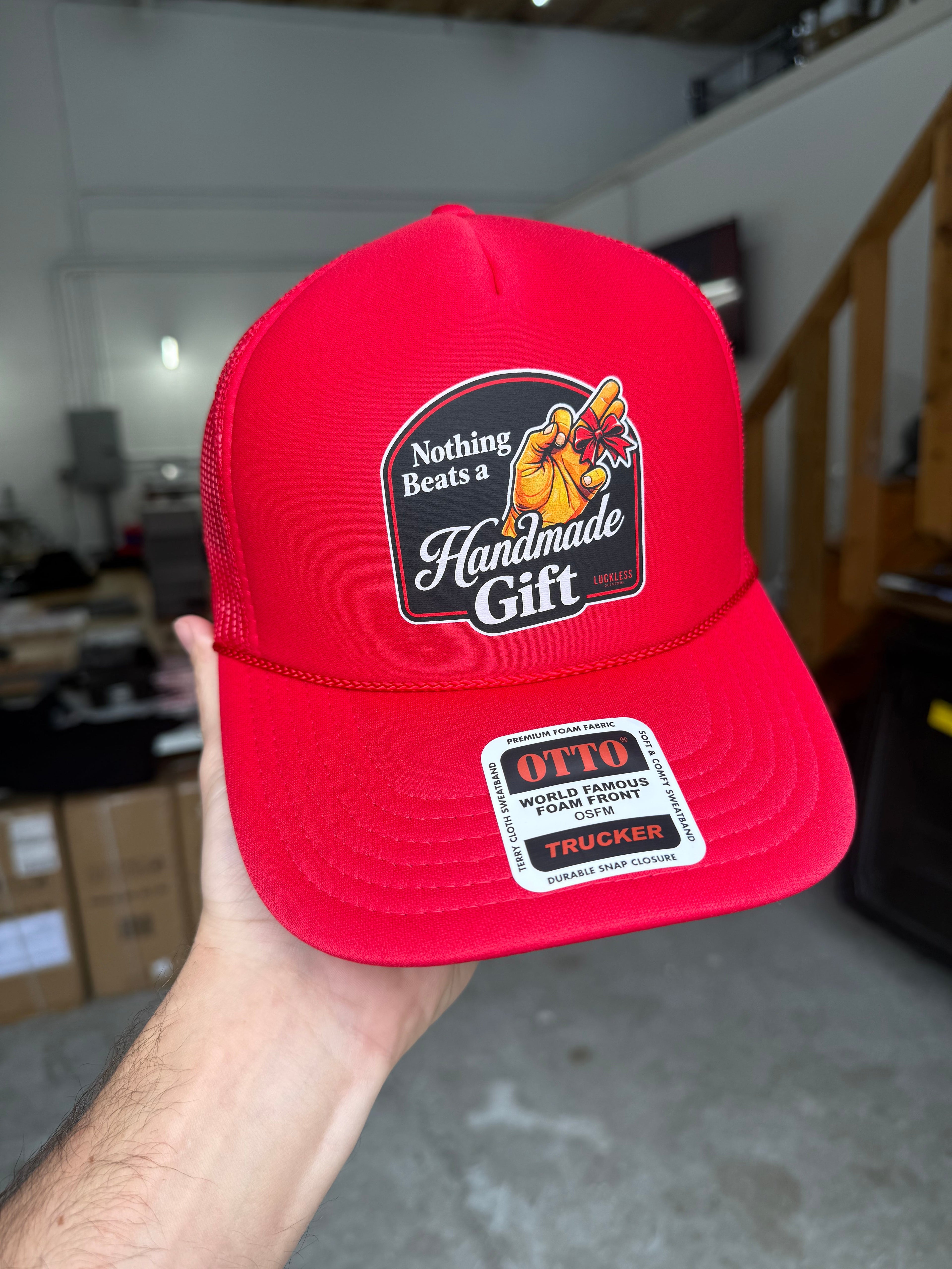Luckless Outfitters Nothing Beats A Handmade Gift Trucker Hat — detail close-up