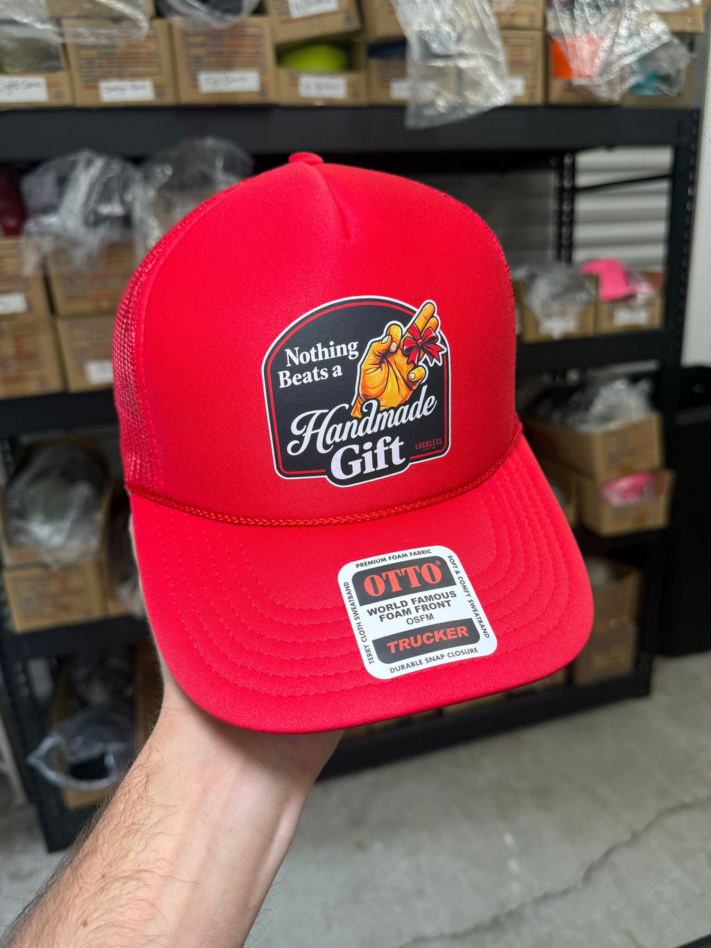 Luckless Outfitters Nothing Beats A Handmade Gift Trucker Hat — back view