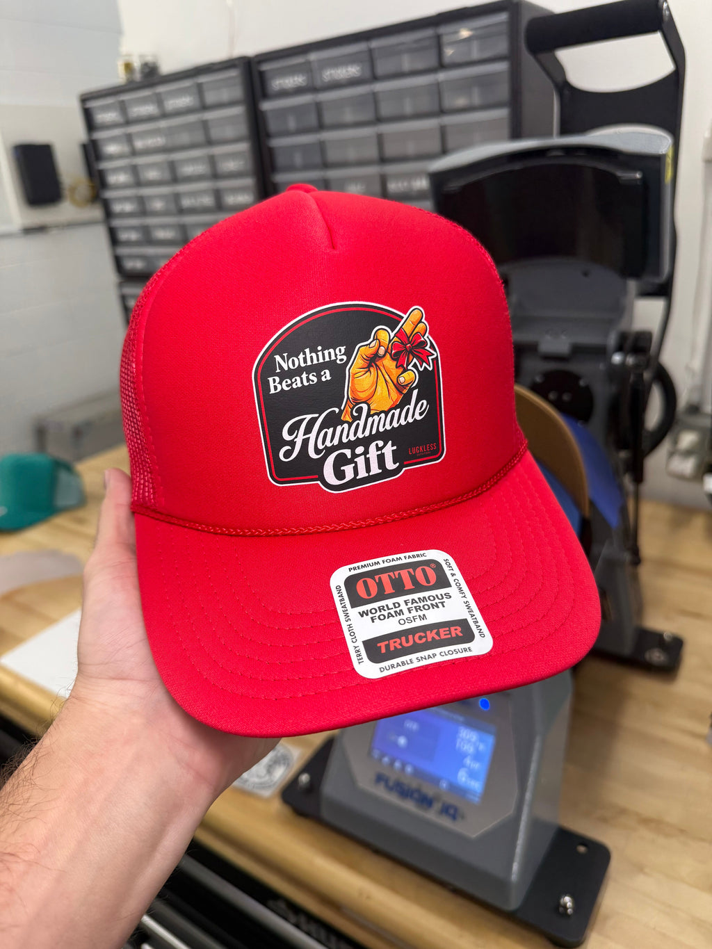 Luckless Outfitters Nothing Beats A Handmade Gift Trucker Hat — alternative angle