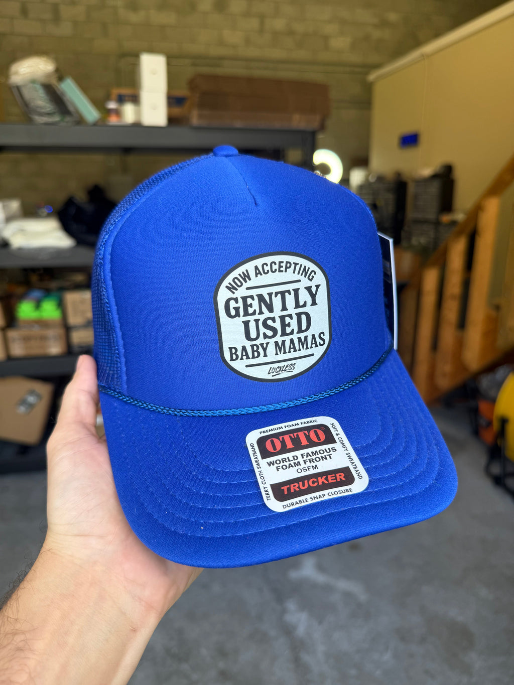 Luckless Outfitters Now Accepting Gently Used Baby Mamas Trucker Hat — color detail