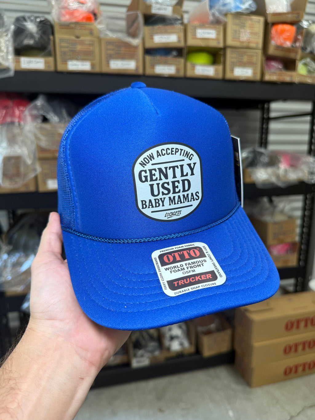 Luckless Outfitters Now Accepting Gently Used Baby Mamas Trucker Hat — in-use photo