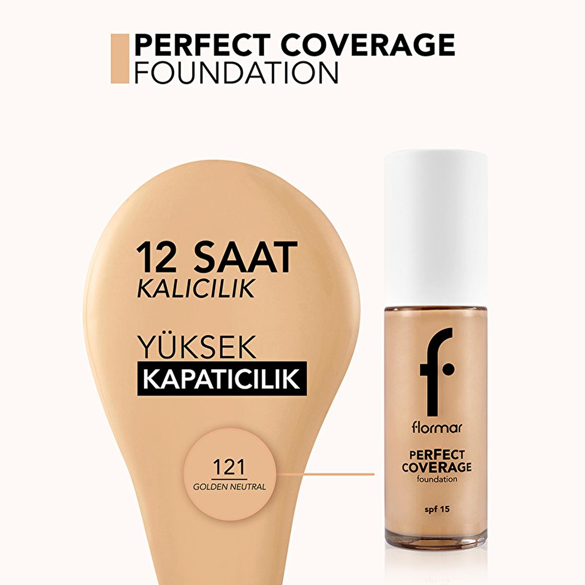 Flormar Perfect Coverage Foundation 121 Golden Neutral - Long-Lasting, SPF 15 Foundation for All Skin Types