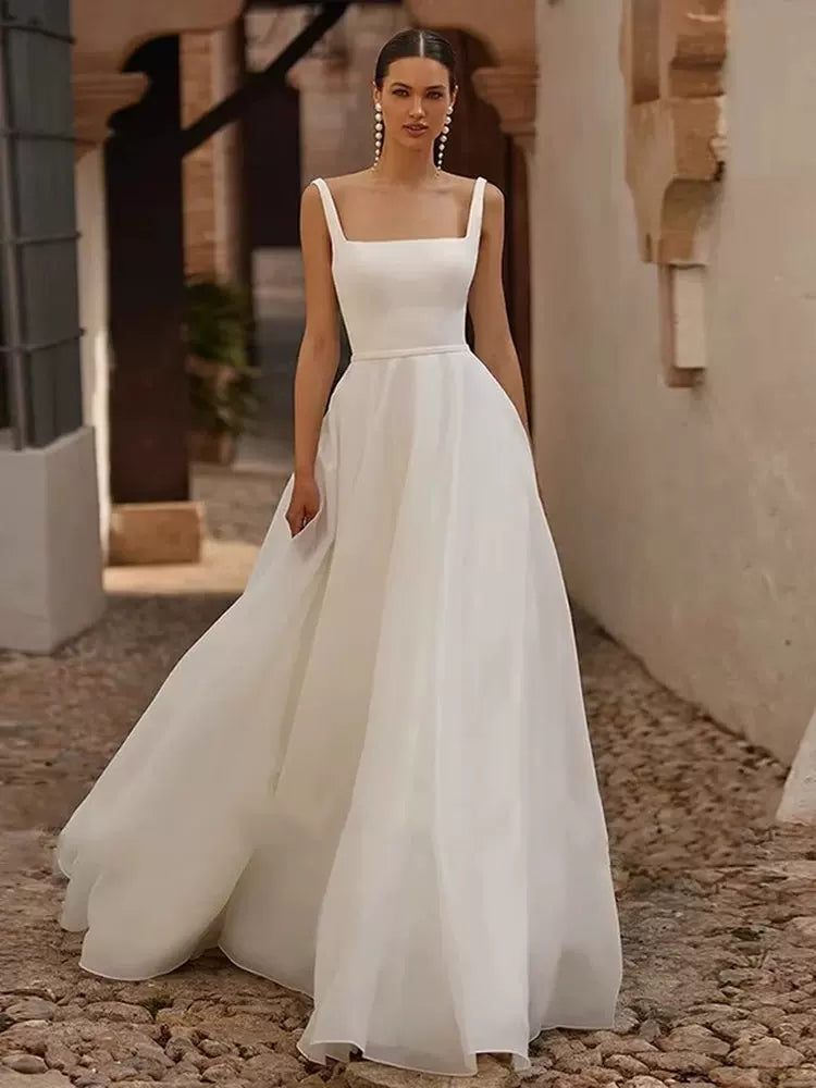 Spaghetti Strap Satin Wedding Dress White Simple