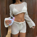 Bella Mia Solid Color Sexy Cutout Knitted Beach Bikini Swimsuit Blouse Sun Proof Set — detail and construction