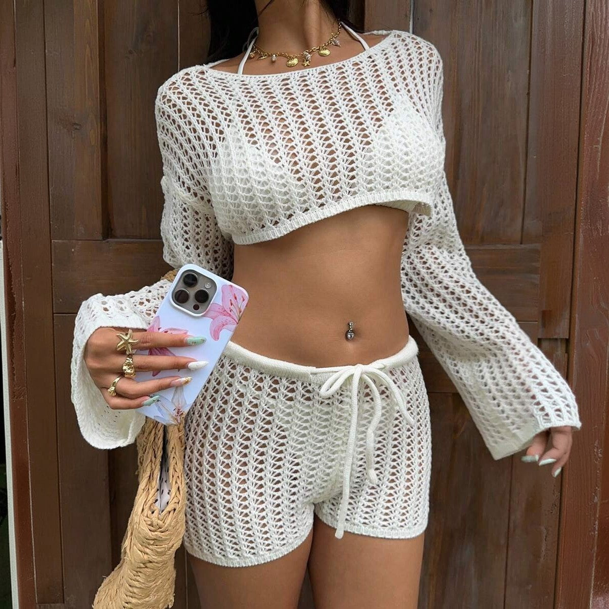 Bella Mia Solid Color Sexy Cutout Knitted Beach Bikini Swimsuit Blouse Sun Proof Set — detail and construction