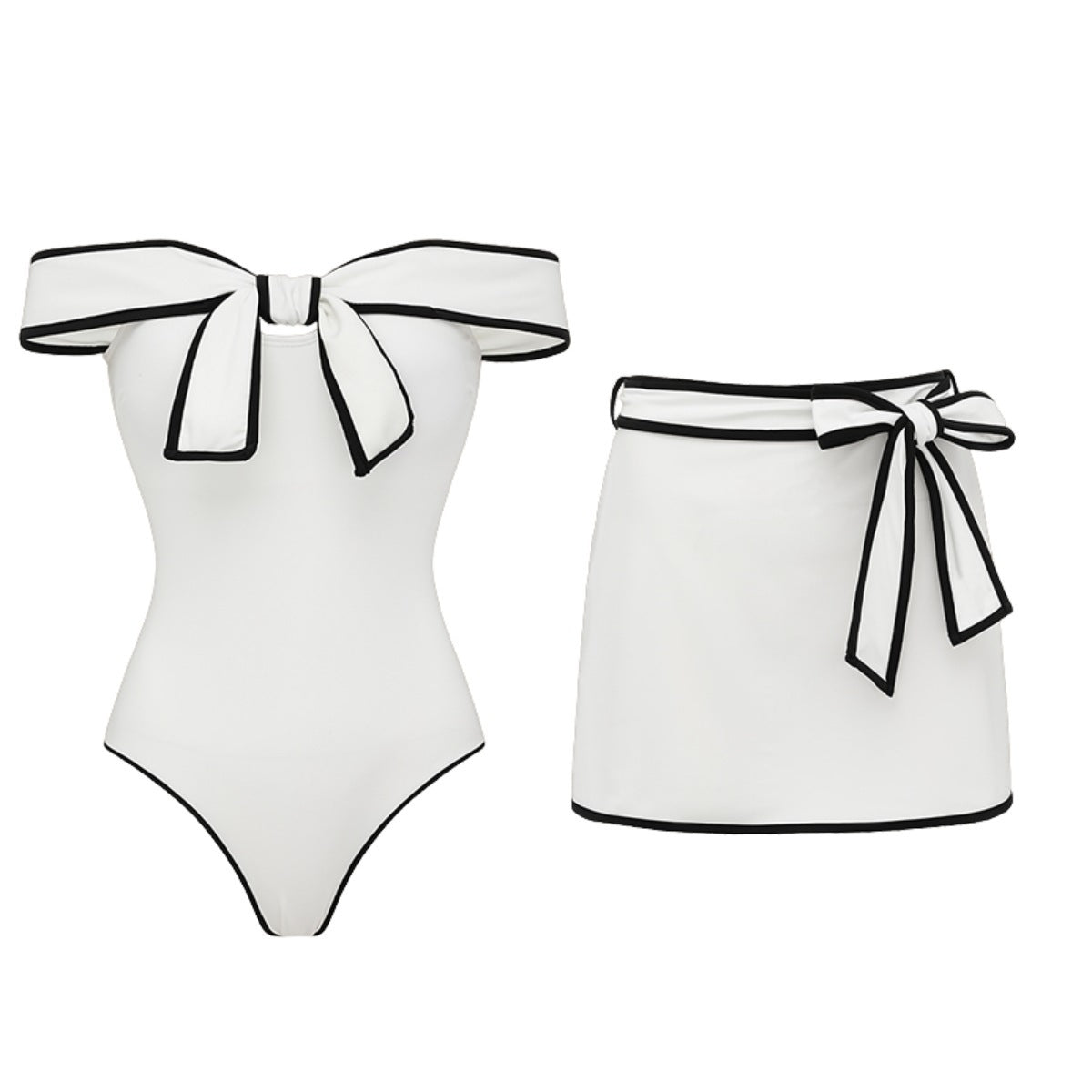 Swimsuit Black White Color Matching Sweet Girl Bow Swimsuit Women White Skirt