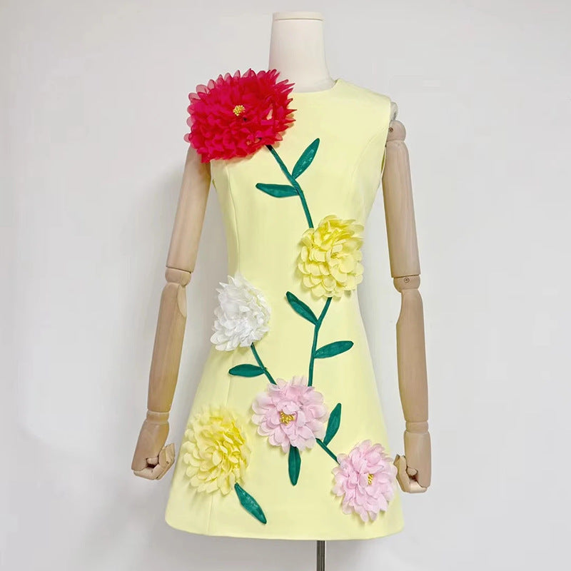 Personalized Minority Chic Short Dress Autumn Patchwork Three Dimensional Floral Design Slim Fit Slimming Dress Women