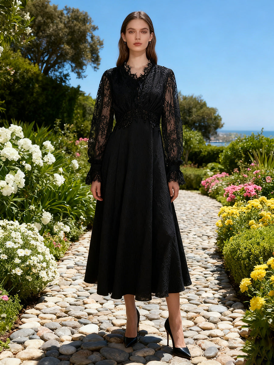 Lace Long Sleeve Elegant Dress Autumn High Sense V neck Waist Controlled Slimming Dress Women