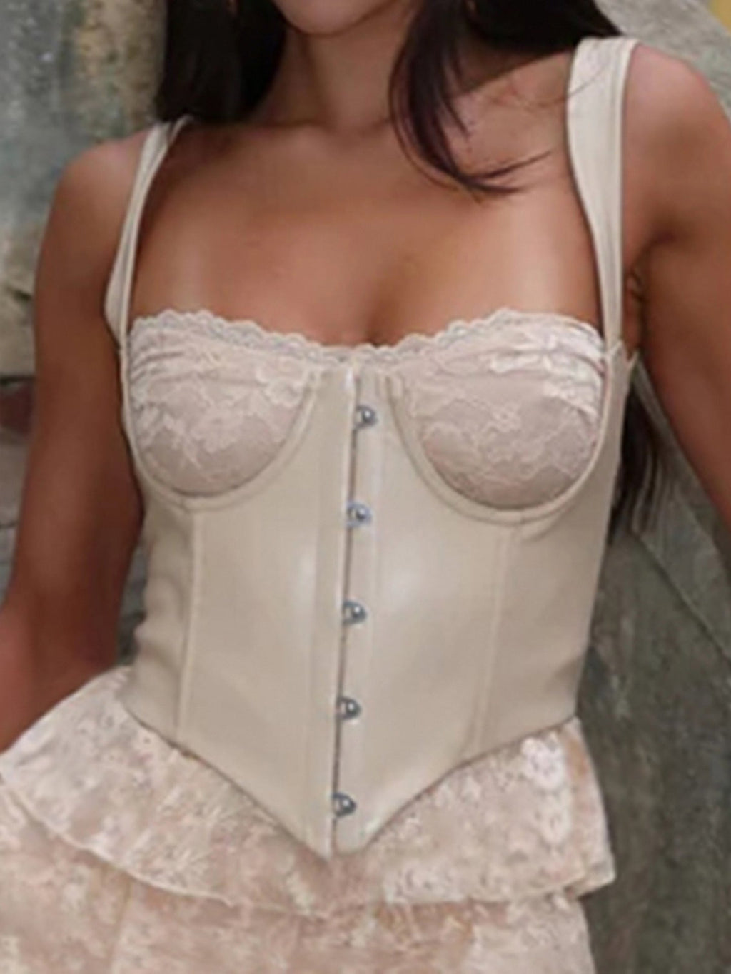 Sexy Leather Bra Strap Lace Stitching Puffy Tiered Dress Summer Set