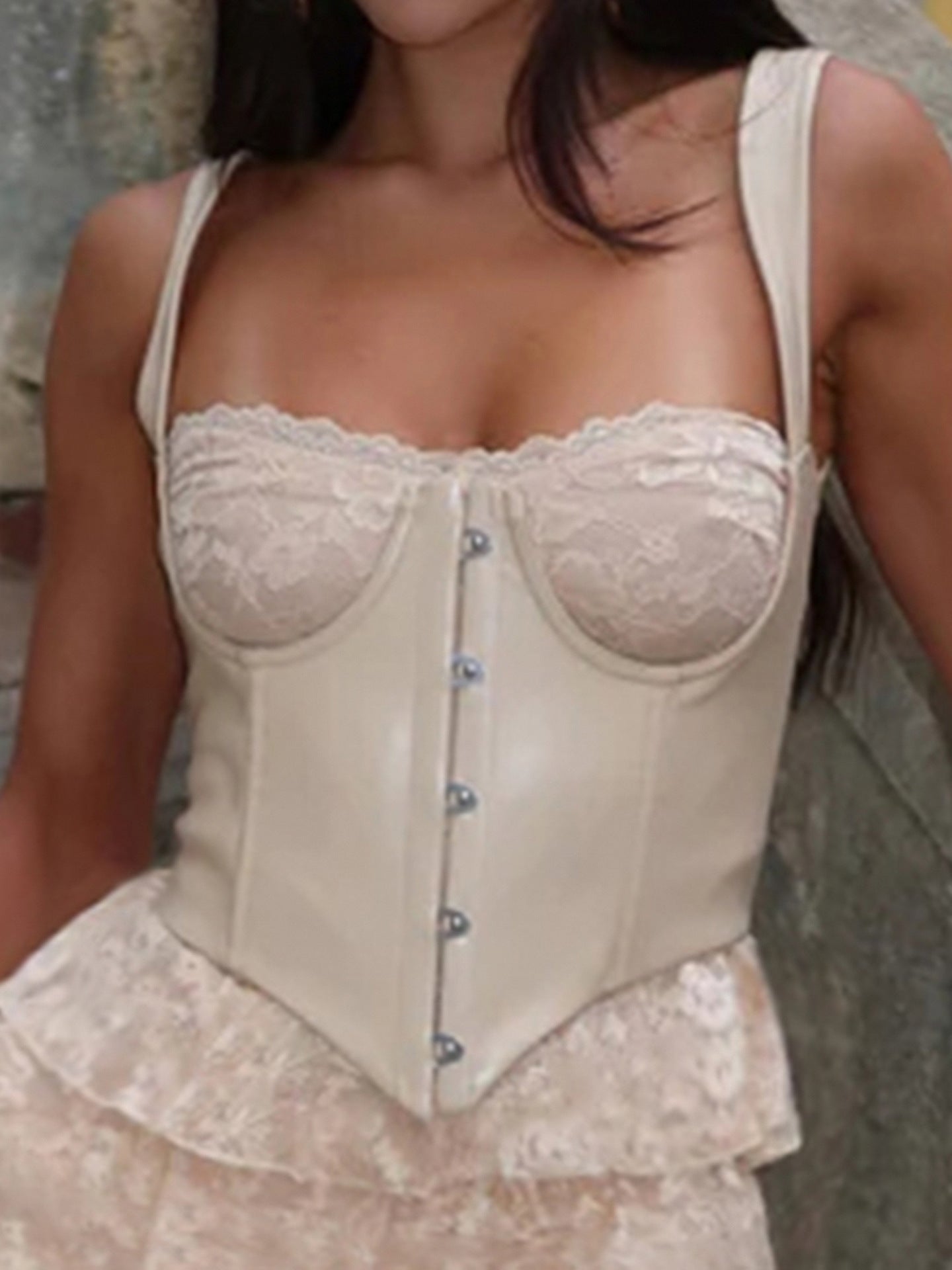 Sexy Leather Bra Strap Lace Stitching Puffy Tiered Dress Summer Set