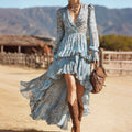 Bella Mia Spring Women V neck Long Sleeve Irregular Asymmetric Hem Printed Dress — detail and construction