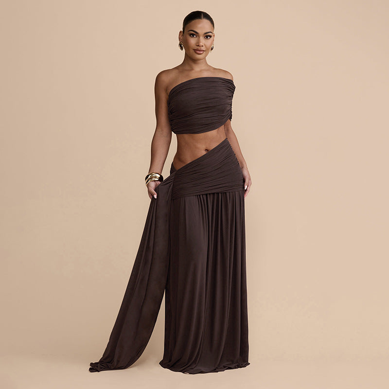 Bella Mia Women Clothing Spring Sexy Solid Color Tube Top Vest Slim Ribbon Pleated Skirt Sets — packaging or label