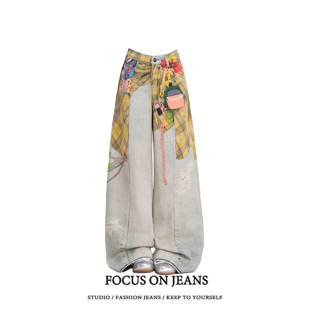 American Style Retro High Waist Loose Fit Denim Blue Trousers for Women
