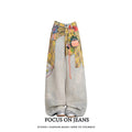 American Style Retro High Waist Loose Fit Denim Blue Trousers for Women