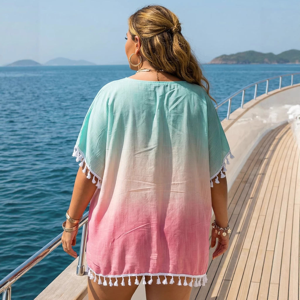 Bella Mia Women Clothes Women Casual Loose Gradient Printing Tassel Stitching T shirt Beach Cover up — branding close-up