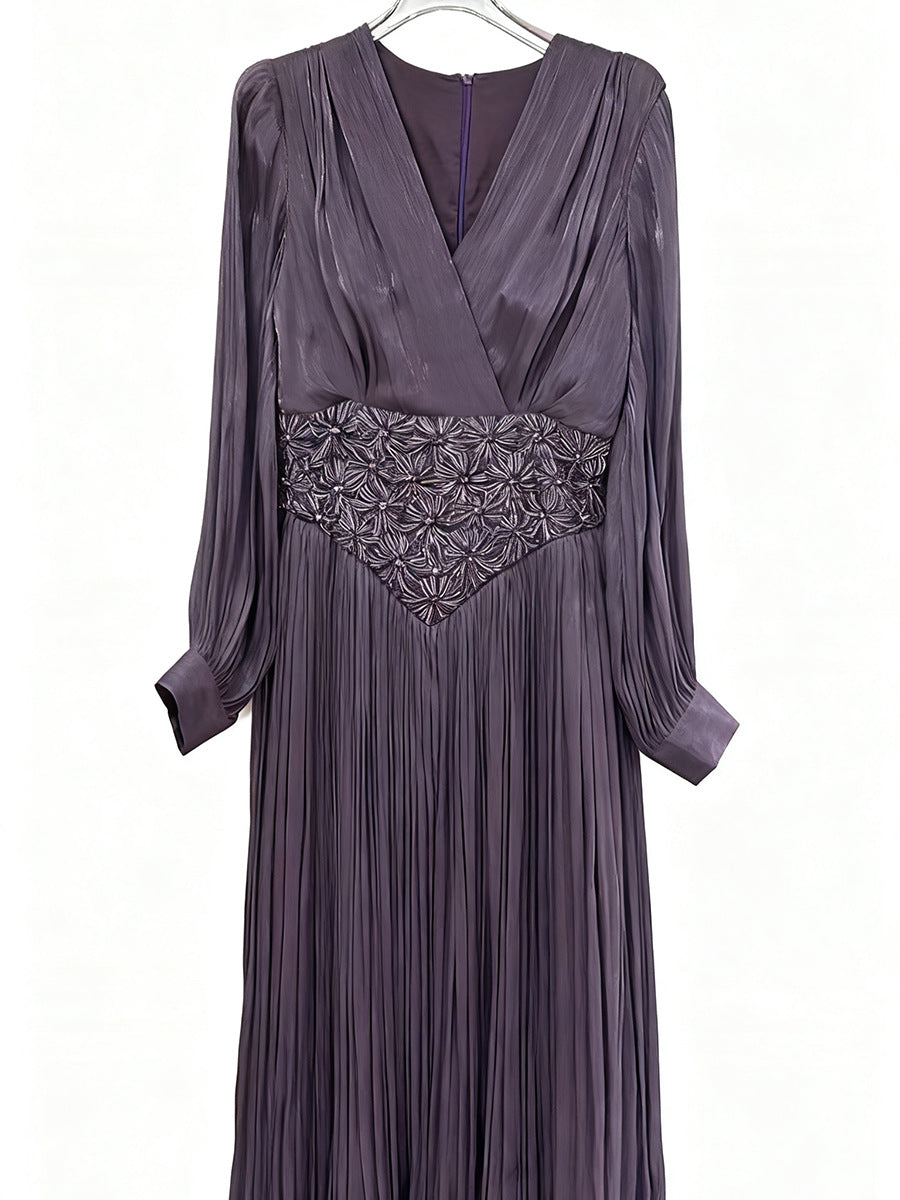 Elegant Long Sleeve Solid Color Diamond Dress Autumn High Grade Waist Slimming Dress Women