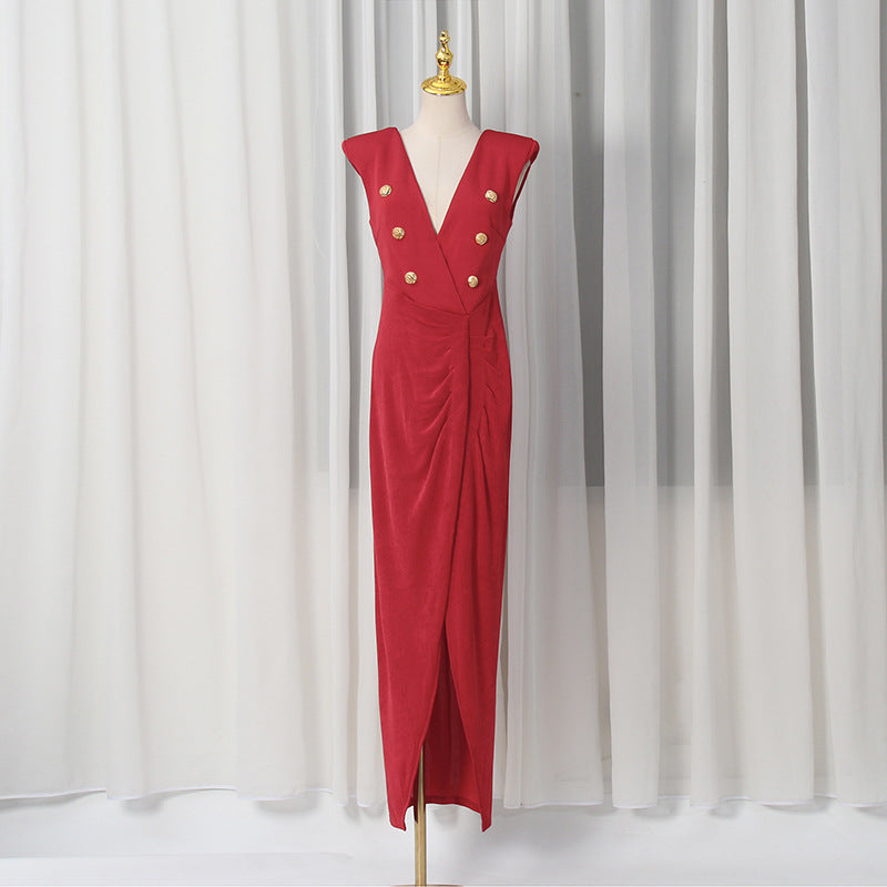 Spring V neck Sleeveless Design Split Dress Tight Waist Slimming Metal Decorative Dress Women