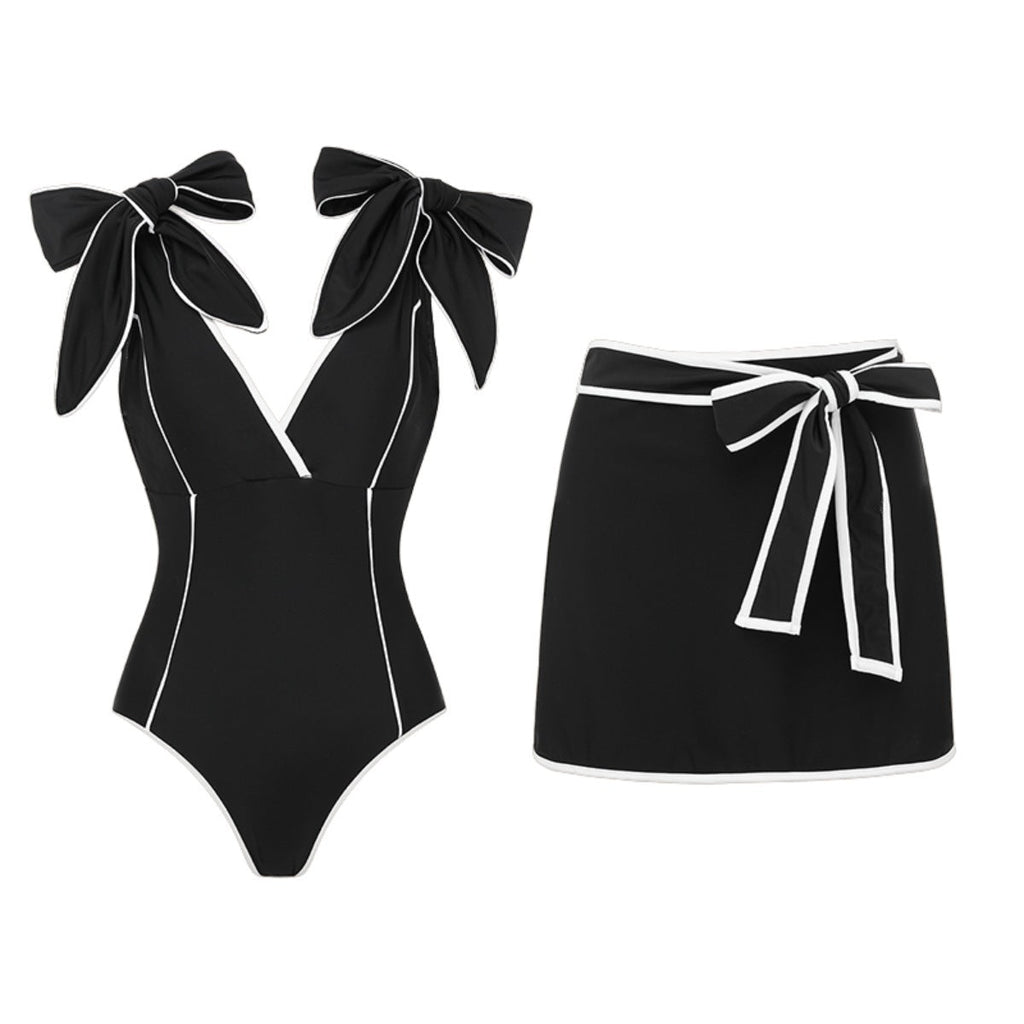 Bella Mia Swimsuit Black White Color Matching Sweet Girl Bow Swimsuit Women White Skirt — branding close-up