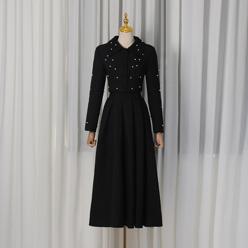 Spring Elegant Pleated Slim Maxi Dress Solid Color Beaded Collared Long Sleeve Two Piece Sets Women