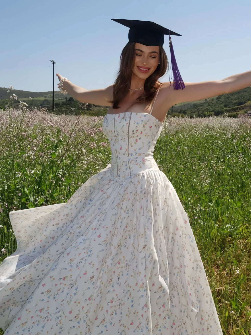 ACUDA Retro French Floral Long Skirt High Waist A-Line Cotton Dress