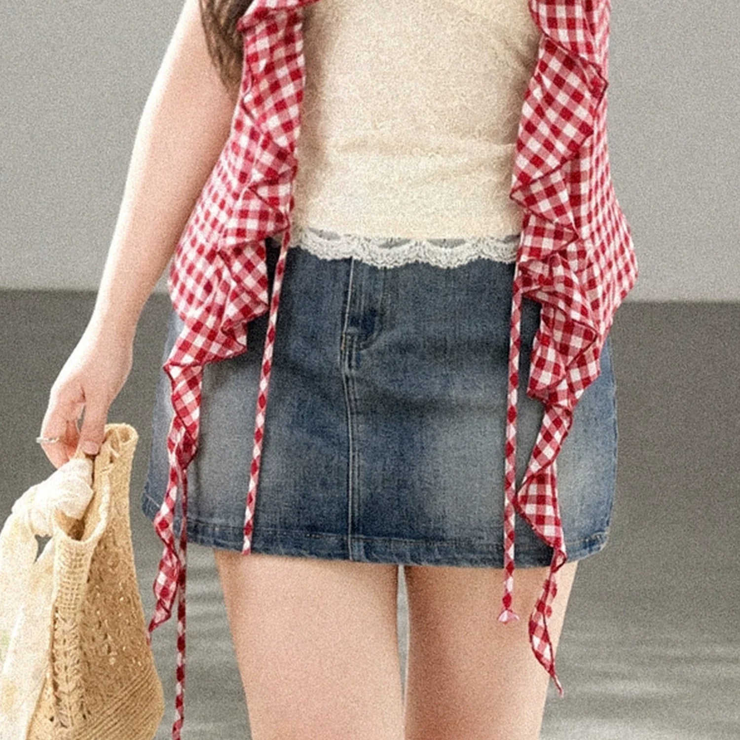 Women's Sweet Red and White Plaid Shirt and Denim Skirt Three-Piece Set