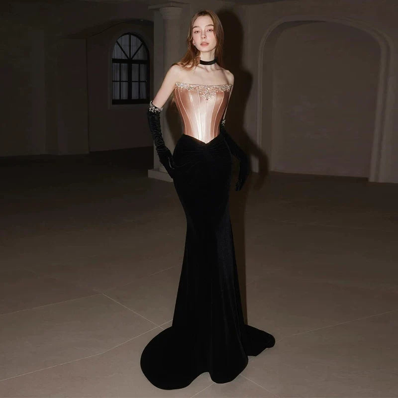 Mantianghong Black Fish Tail Evening Dress Strapless Beaded Mid Rise