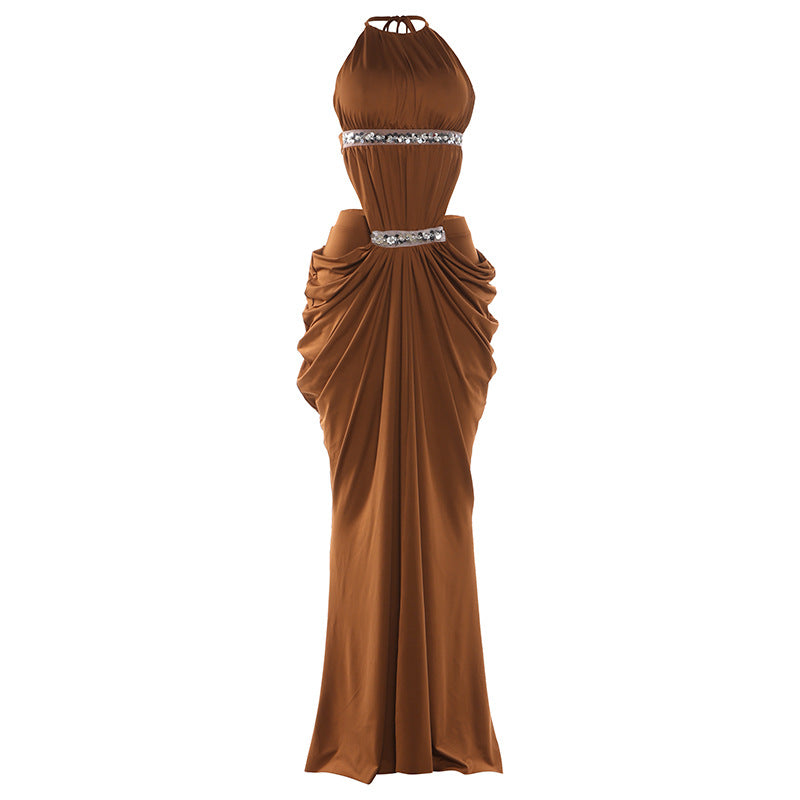 Bella Mia Spring Women Clothing Fashionable Sequ Stitching Halter Backless Thin Strap Sexy Front Slit Dress — alternate view
