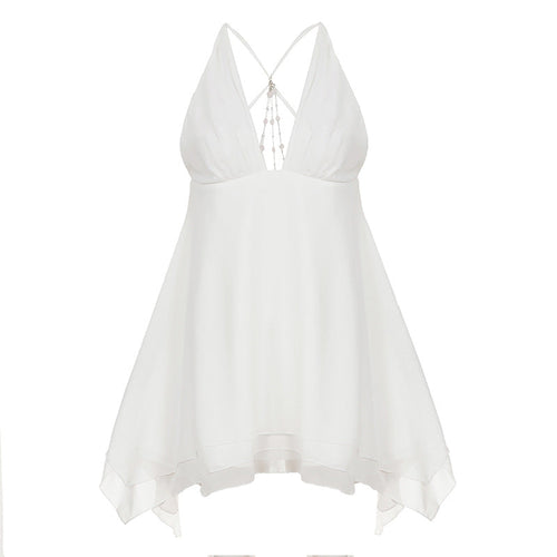 Butterfly Backless Pearl Chain Stitching Sexy V neck Halter Irregular Asymmetric Chiffon Dress Short Dress