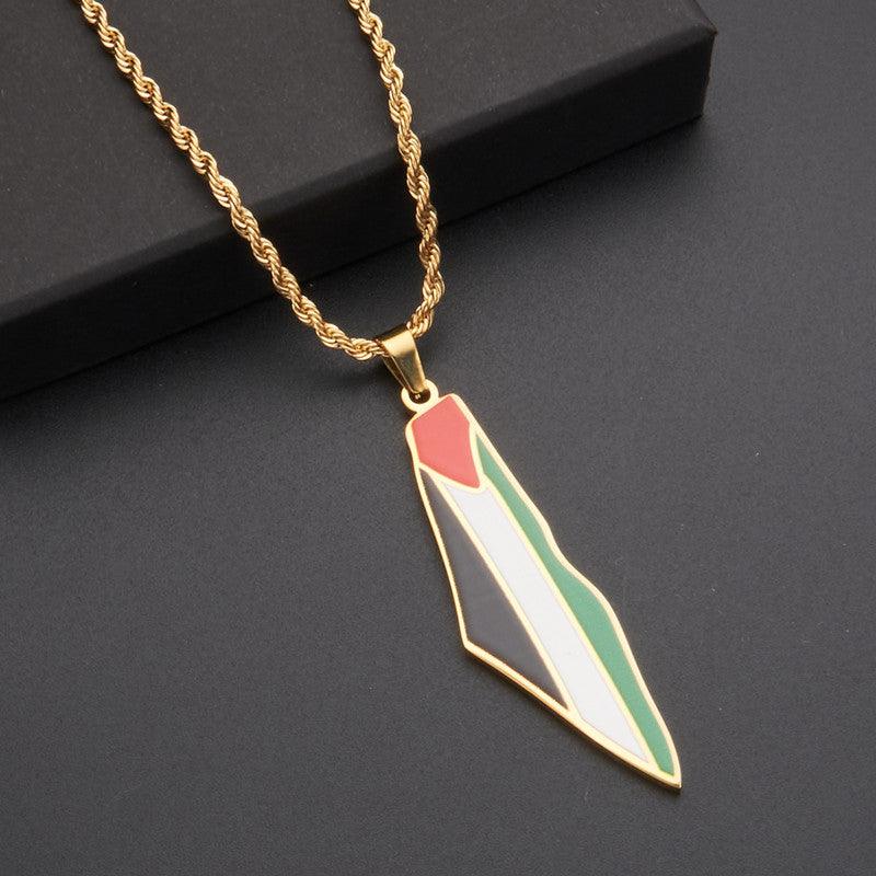 Mariam's Collection MAC100 Stainless Steel Vintage keffiyeh Palestine Map Pendant Necklace — lifestyle worn / used context
