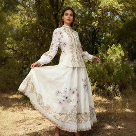 Long Sleeve Painted Skirt Set Spring Court Waist Slimming Printed Two Piece Sets Women