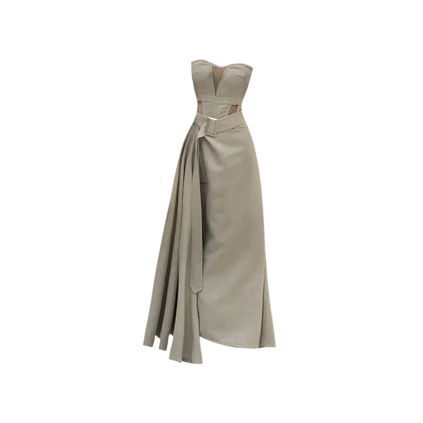 French Retro Light Khaki Mesh Stitching Fishbone Tube Top Long Skirt for Women