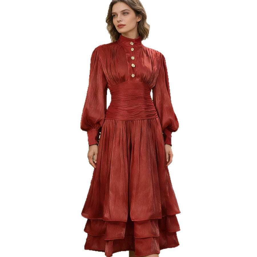 Spring Elegant Retro Lantern Sleeve Breasted Ruffled Maxi Dress Waist Slimming Dress