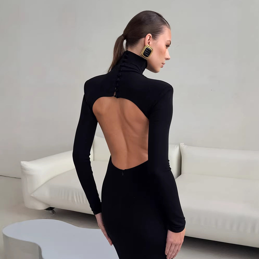 Bella Mia Spring Elegant Black Sexy Backless Knitted Slim Fit Long Sleeved Turtleneck Dress for Women — main product shot