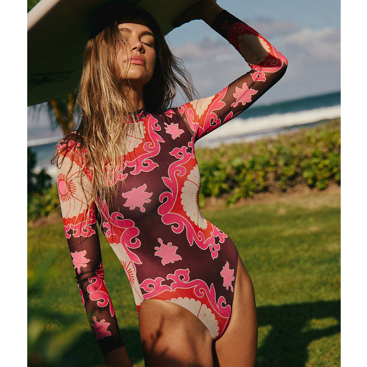 Bella Mia Printed Long Sleeve Zipper Surfing One Piece Swimsuit — main product shot