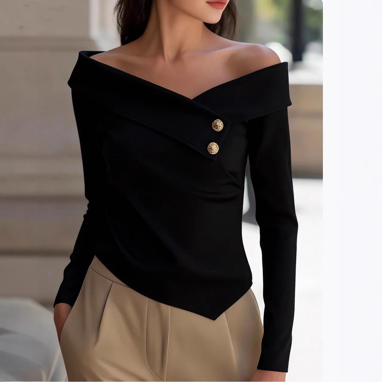Bella Mia Women Clothing Spring Autumn Elegant Graceful off Shoulder Bottoming Long Sleeve Solid Color — lifestyle context