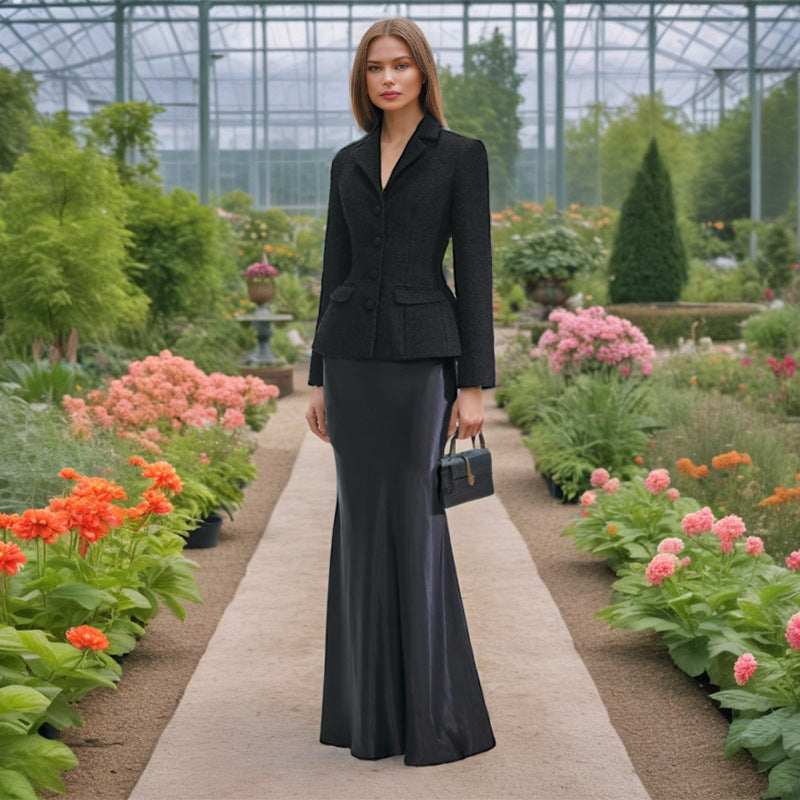 French Two Piece Set Autumn Waist Slimming Single Breasted Long Sleeve Elegant Skirt Set Women