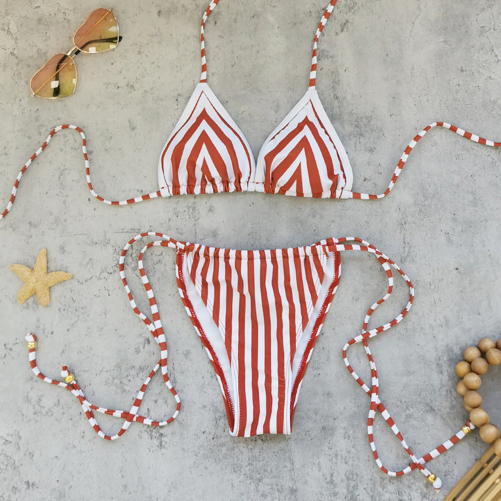 Bella Mia Three Point Multi Rope Lace up Sexy Backless Striped Bikini Split Swimsuit Women — detail and construction