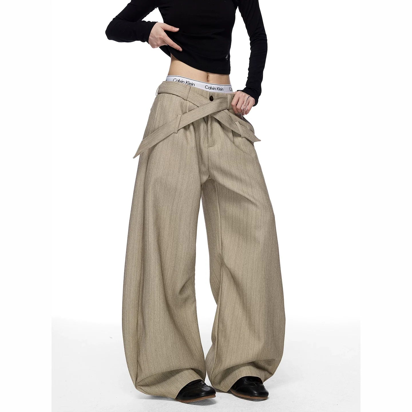 CEAROCOW Women's Retro Pleated Stripe Belt Trousers Loose Fit