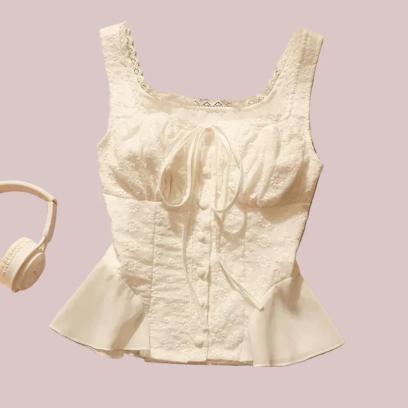 White Lace Camisole Top Summer Tie-Back Waist-Cinching Short for Women