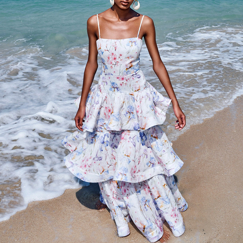 Seaside Vacation Floral Dress Autumn Winter Printed Painted Belt Waist Tight Slimming Women Wear Dress