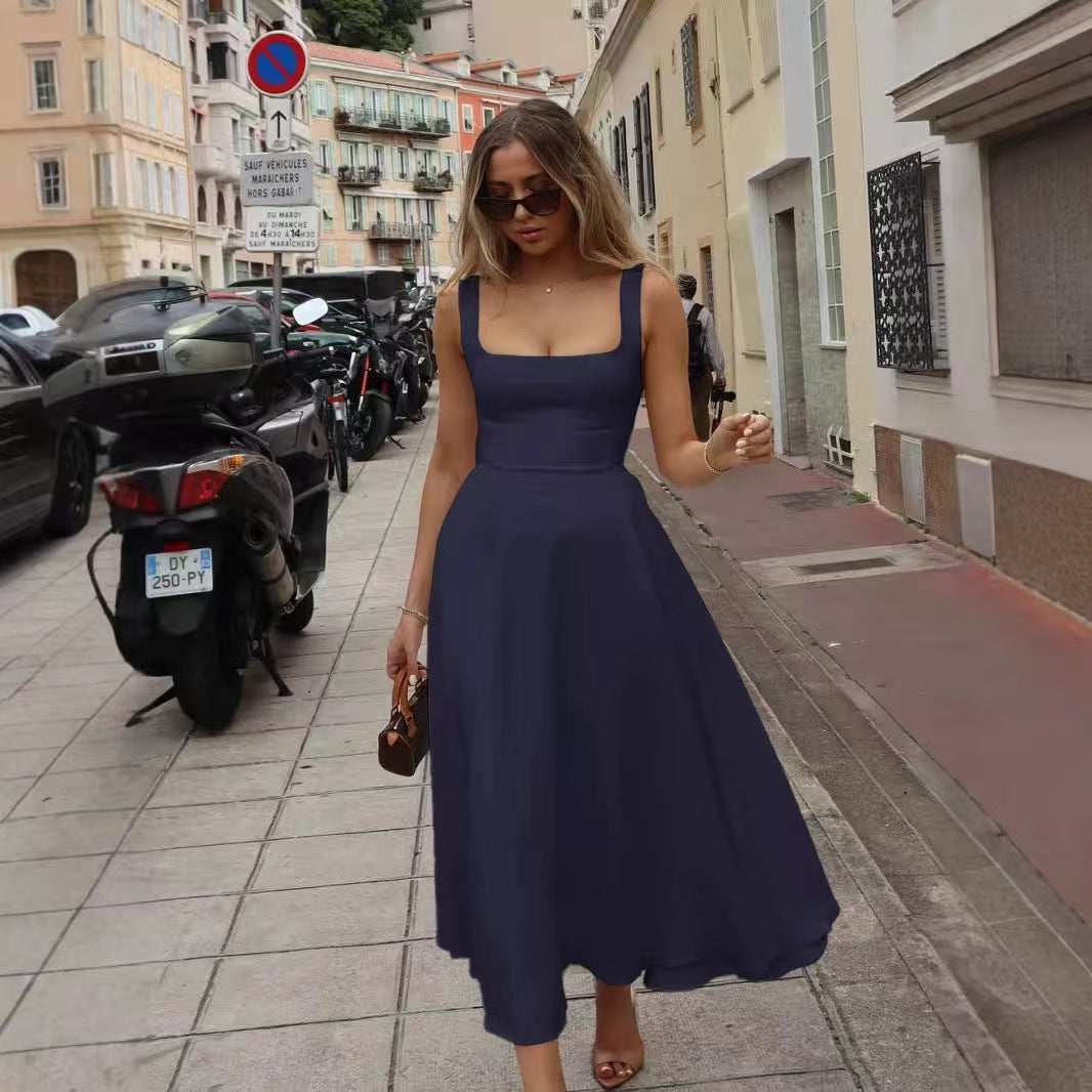 Women's Thick Strap Slim Fit Waist-Cinching Long Dress