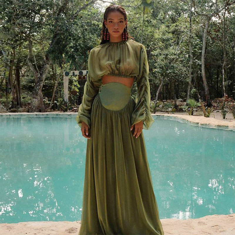 Women Clothing Spring Elegant Pleated Short Top High Waist Drooping Skirt Two Piece Sets Women