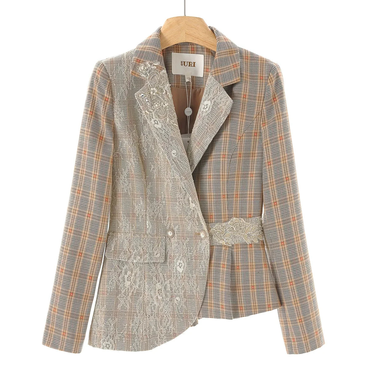 West Lake Pavilion Slim Plaid Beaded Suit Jacket
