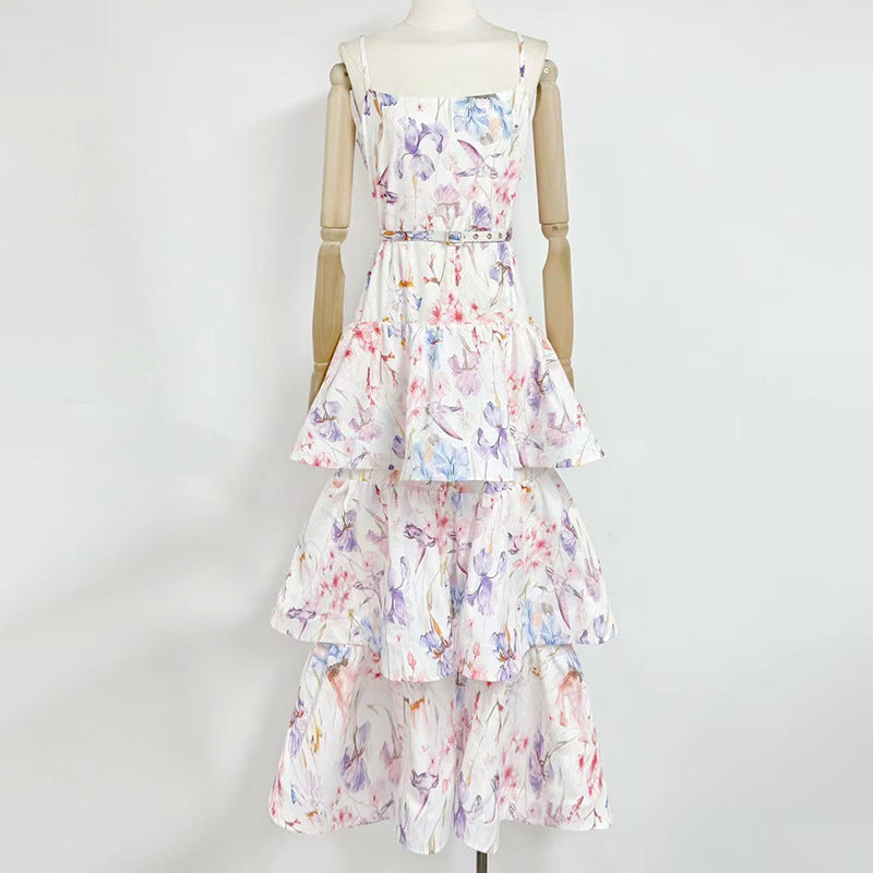 Seaside Vacation Floral Dress Autumn Winter Printed Painted Belt Waist Tight Slimming Women Wear Dress