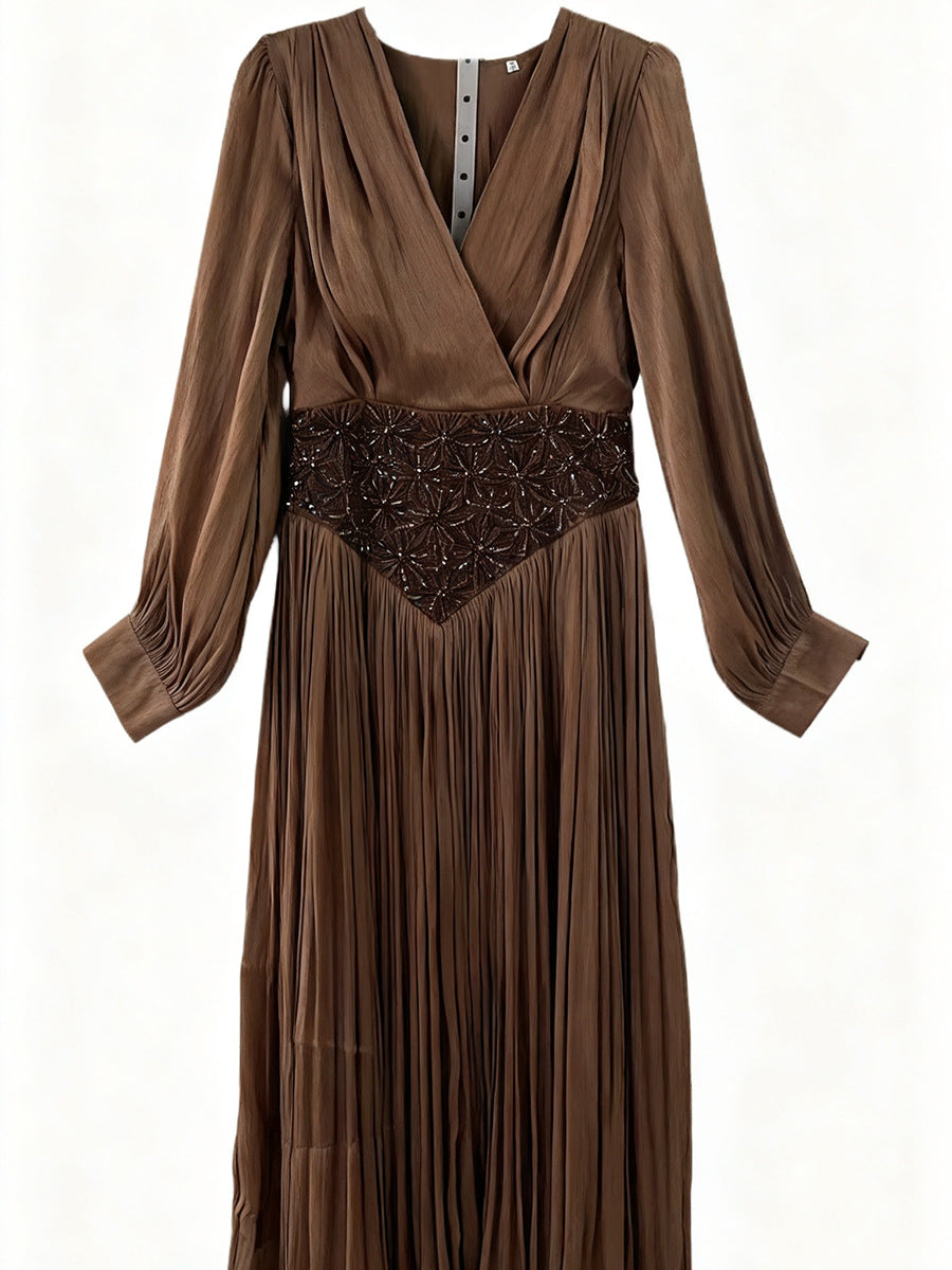 Elegant Long Sleeve Solid Color Diamond Dress Autumn High Grade Waist Slimming Dress Women