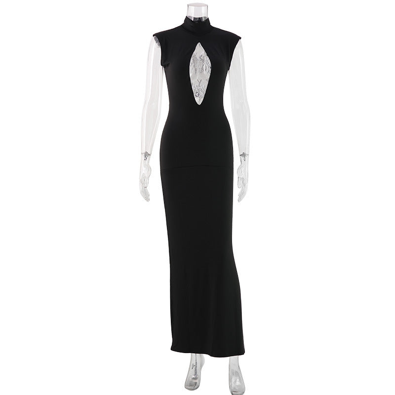 Bella Mia Women Clothing Black Fashionable Slim Fit Figure Flattering Stand Collar Chest Hollow Out Cutout out Mesh Stitching Mop Dress — detail and construction