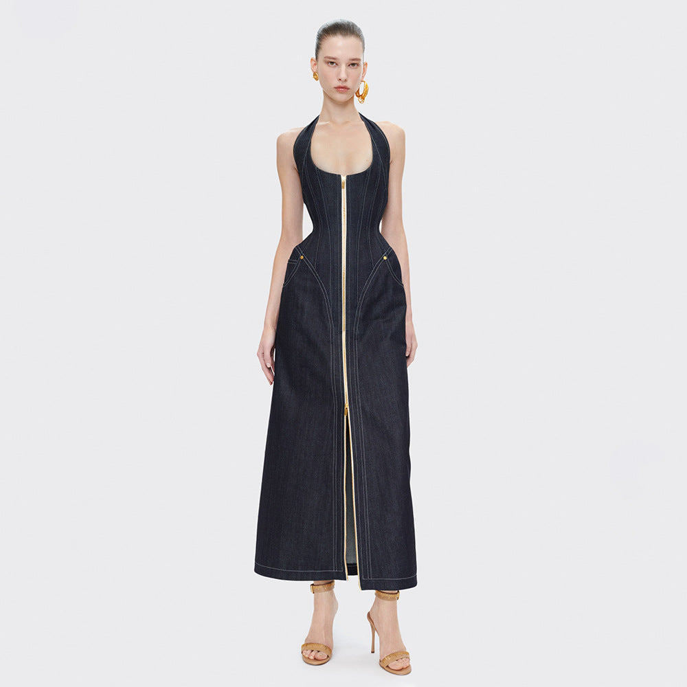 Bella Mia Elegant Solid Color Sleeveless Halter Slim Fit Backless Sheath Dress Denim Summer — lifestyle context