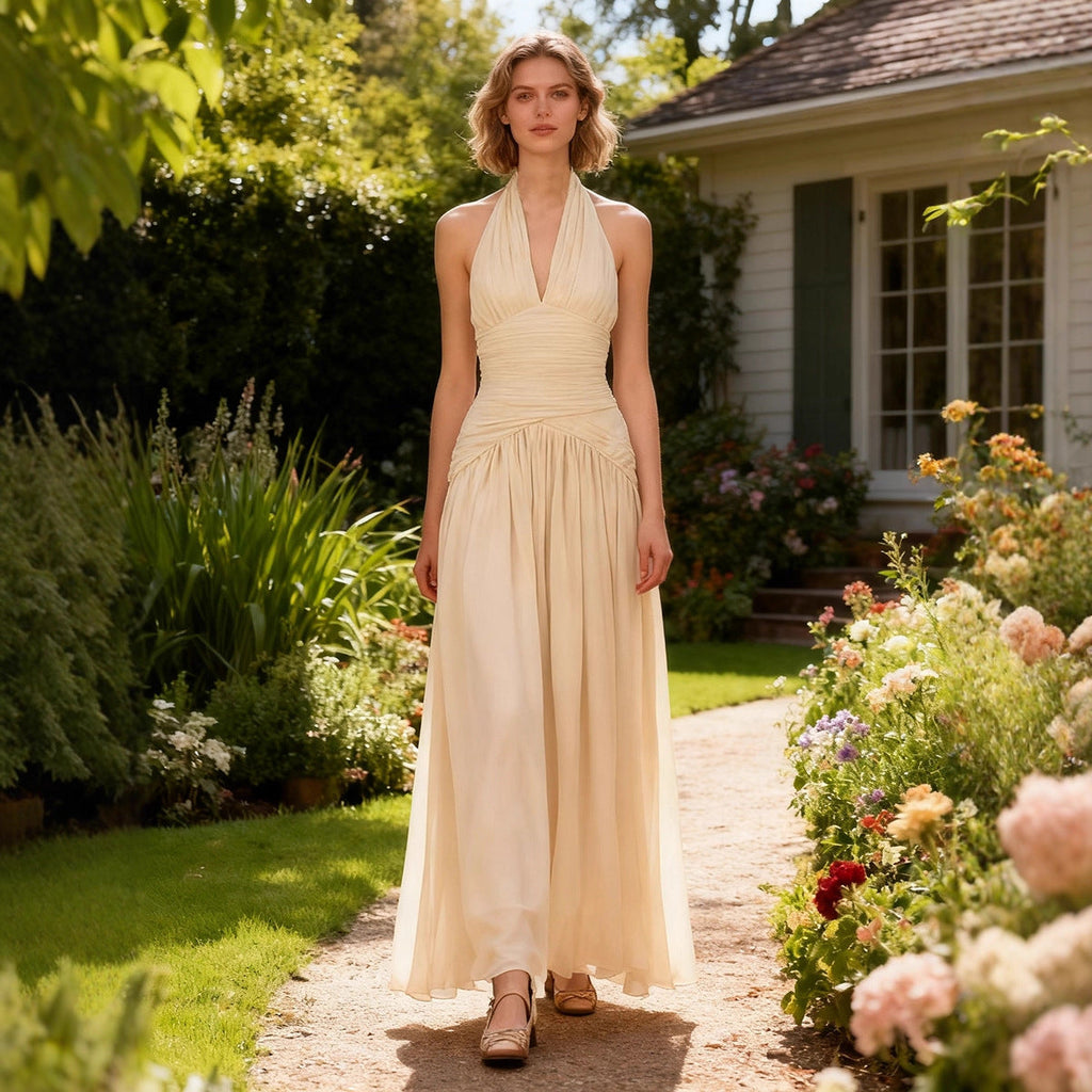 Halter Deep V Plunge High Waist Dress Autumn High Grade Sleeveless Waist Slimming Dress